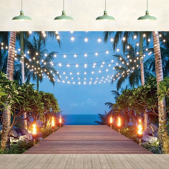 Summer Beach Backdrop Tropical Palm Tree Blue Night Sky Bonfire Party Background Hawaiian Party Supplies Decoration Wall Banner Kids Adult Portrait Photo Studio Props