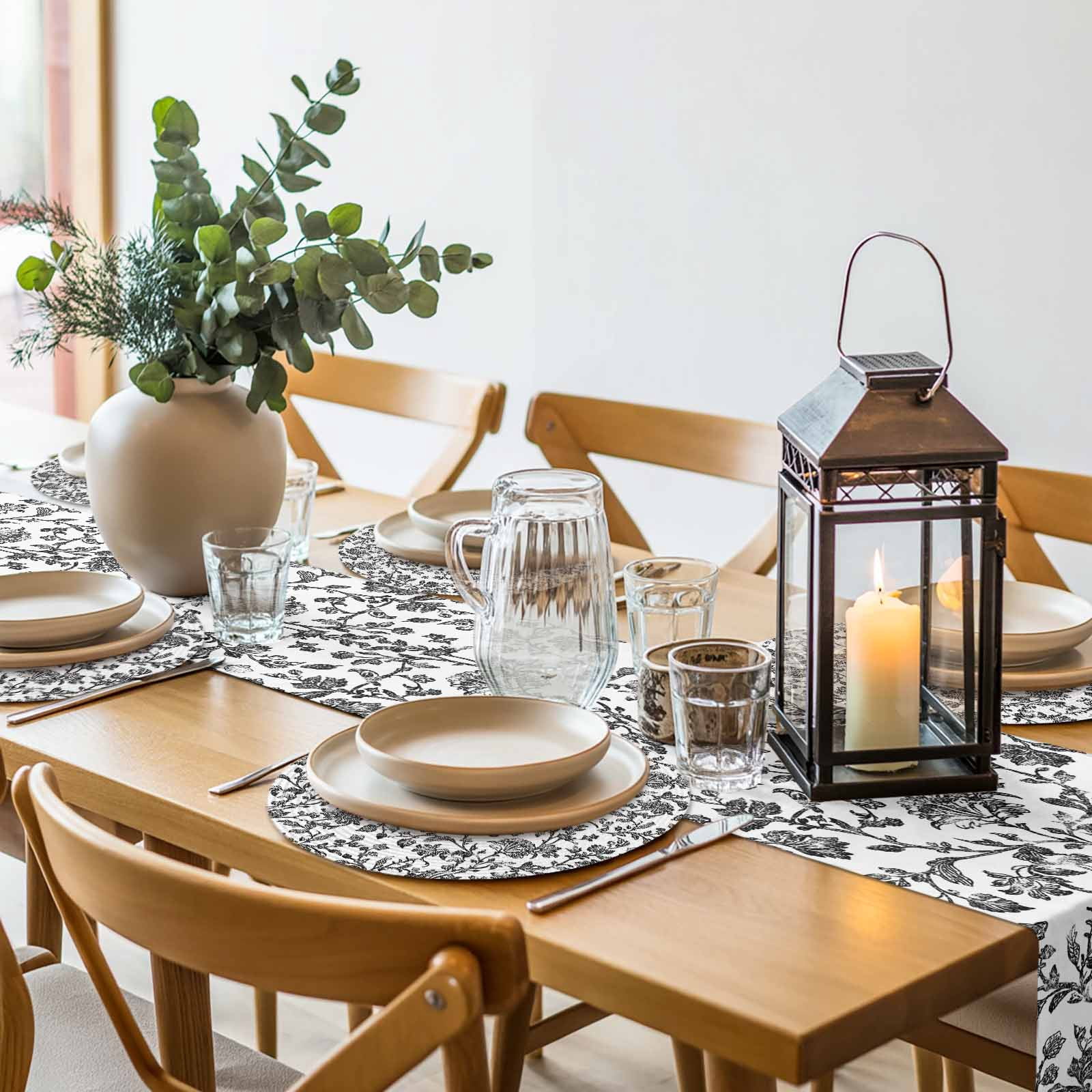 Black Flower Round 13 Inch Placemats Set of 4, Vintage Farmhouse Boho Leaf Spring Plant HeatResistant Non Slip Place Mats for Dining Table, Wipeable Braided Kitchen Table Mats for Housewarming