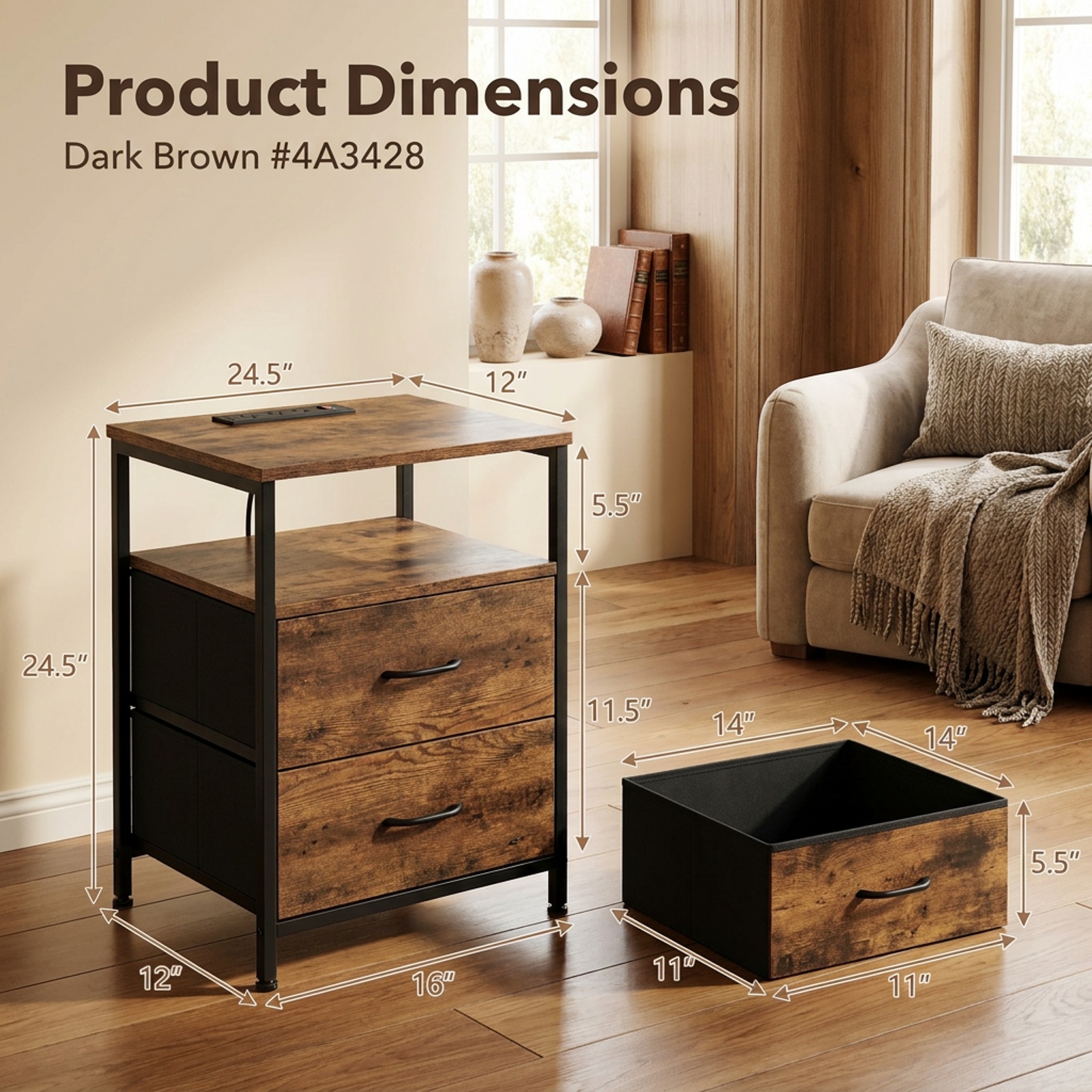 Furnibear Nightstand with Charging Station 24.5 inch Modern Bedside Table with 2 Fabric Drawers for Bedroom Living Room Bedside Sofa, Rustic Brown