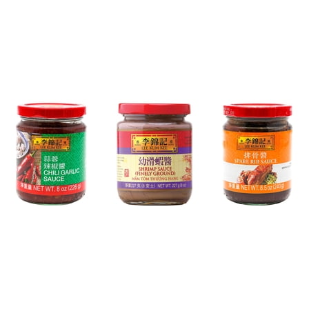 3 Pack Lee Kum Kee Cooking Sauce, 3 Flavors(Chili Garlic Sauce,Finely Shrimp,Spare Rib Sauce) Plus NineChef Brand Long Handle Coffee Spoon