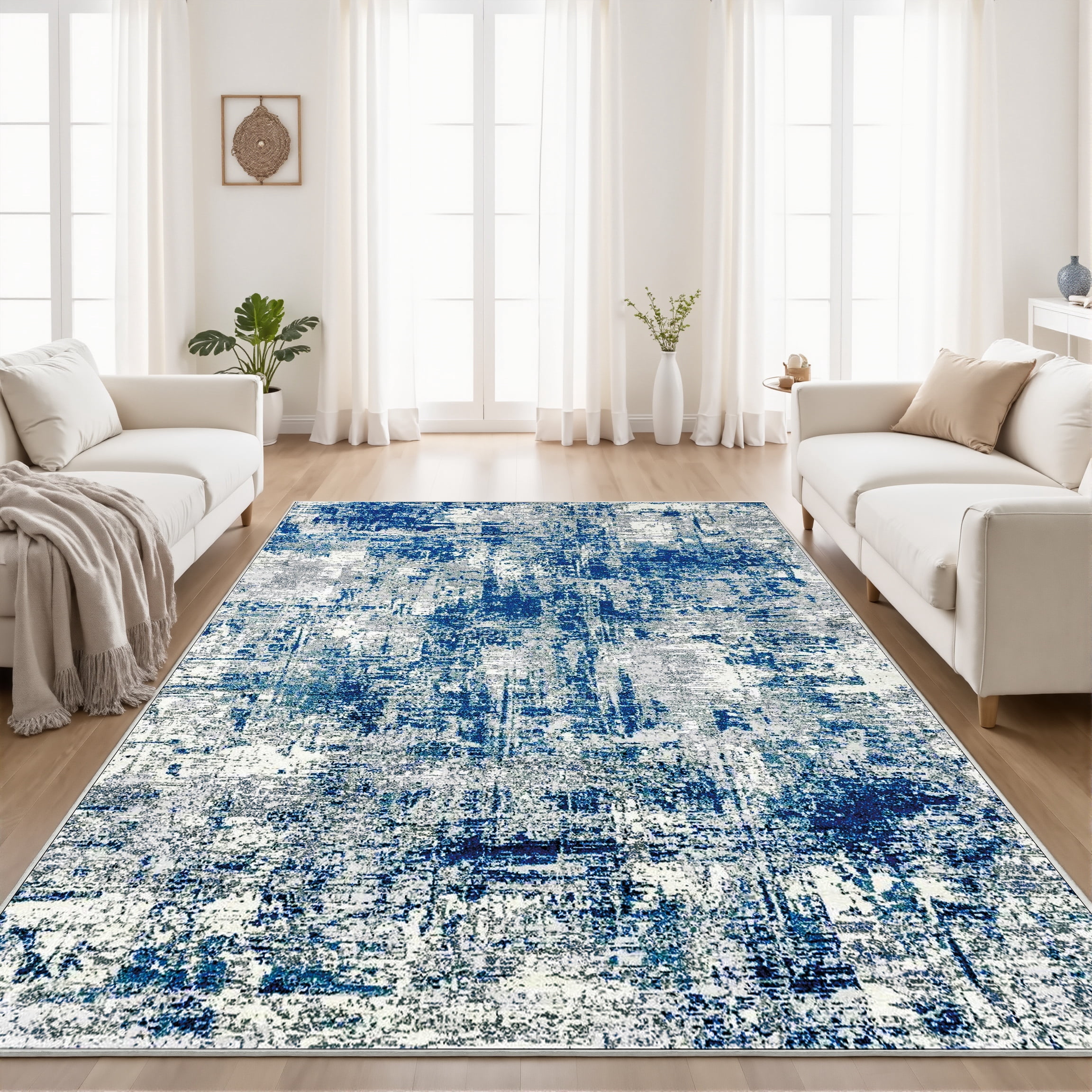 TECHVIDA Area Rug 4x6,Modern Abstract Rug,Machine Washable for Living Room Rugs, Foldable Nonslip Indoor Carpet,Bedroom Living Room-Blue