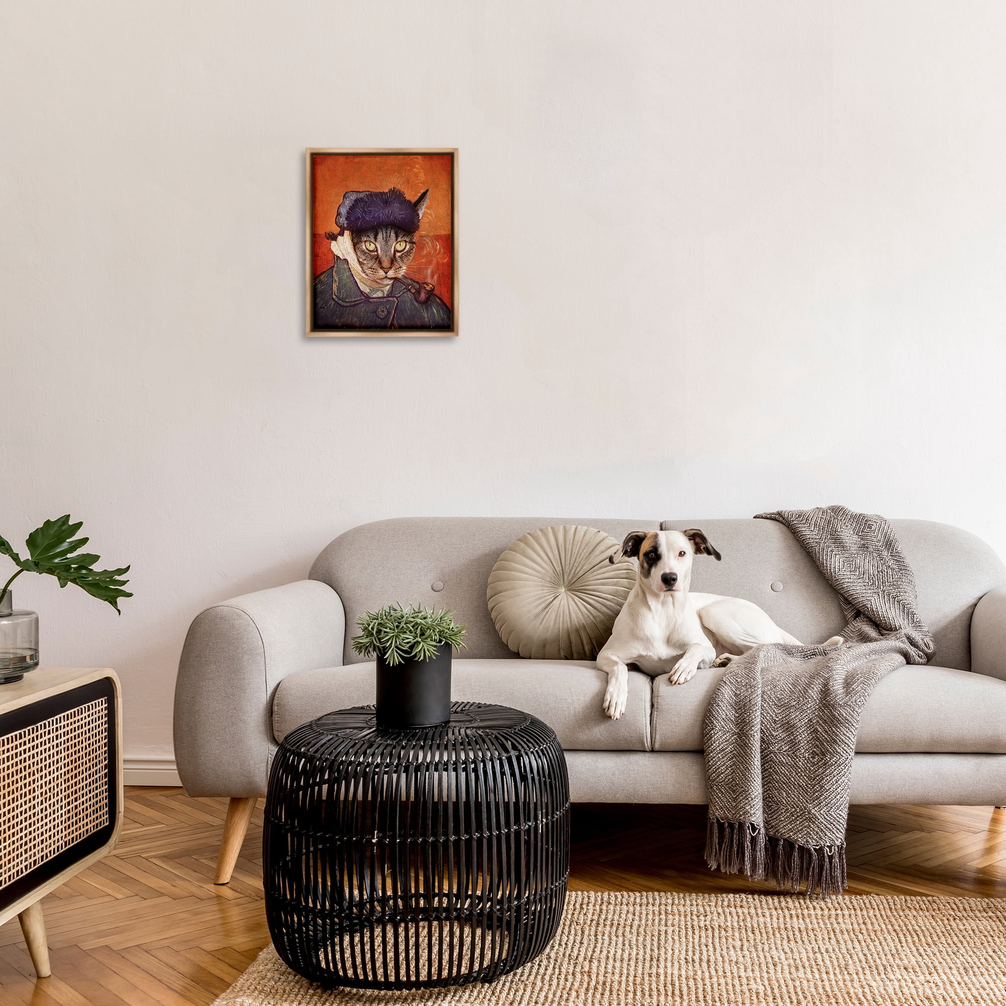 Stupell Industries Classic Cat Self Portrait Animals & Insects Painting Brown Floater Framed Canvas Art Print Wall Art, 17 x 21