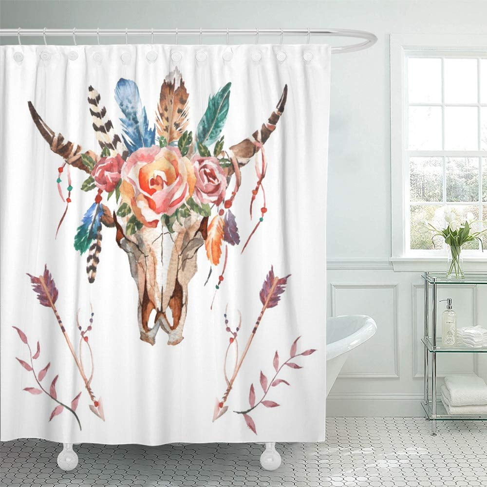 Watercolor Cow with Flowers Bathroom Decor Shower Curtain Set Waterproof Fabric 