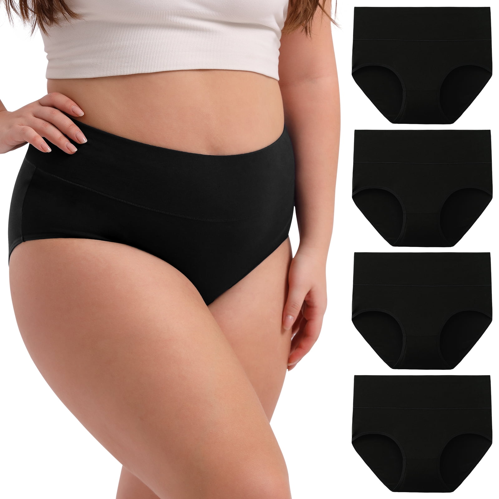 INNERSY Women's Plus Size XL-5XL Cotton Underwear High Waisted Briefs Panties 4-Pack (5XL,Black