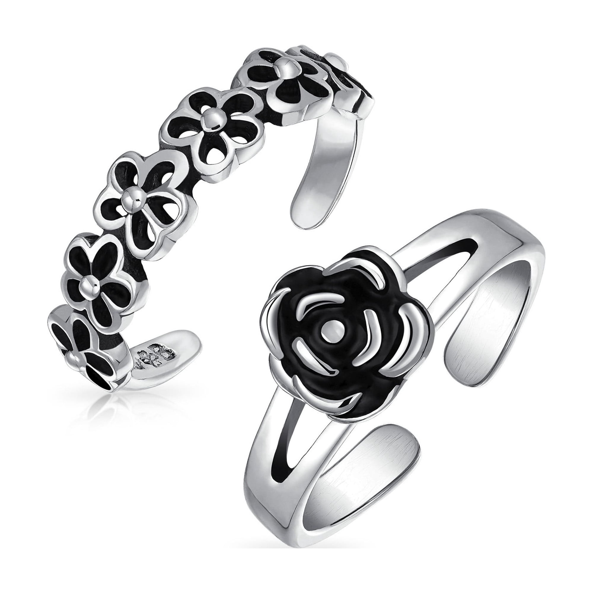 Bling Jewelry Womens Flower Daisies & Rose Midi Band Toe Ring Oxidized 925 Sterling Silver Set-2