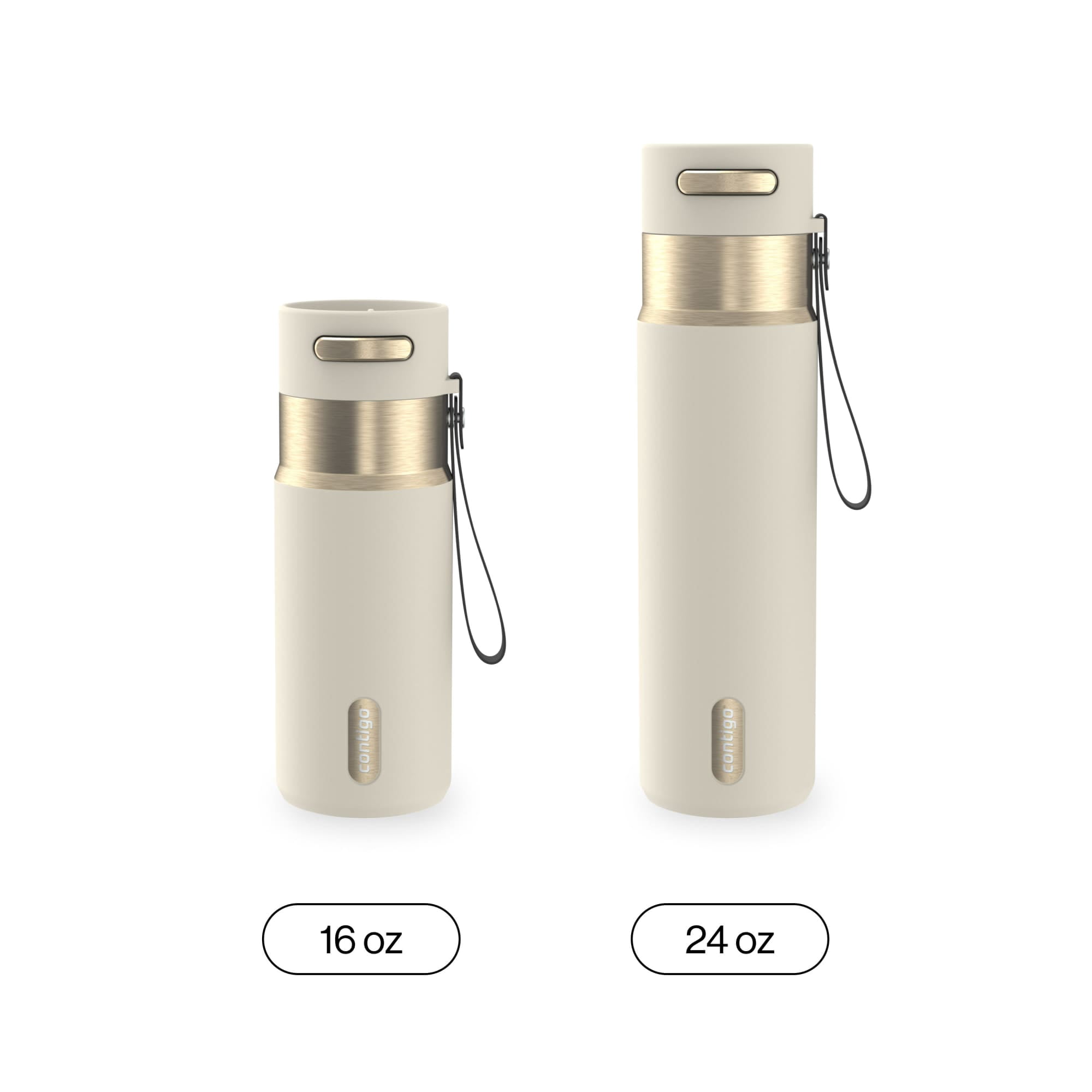 Contigo 24 oz Stainless Steel Leak-Proof Insulated Water Bottle with Carry Strap, Cream/Champagne