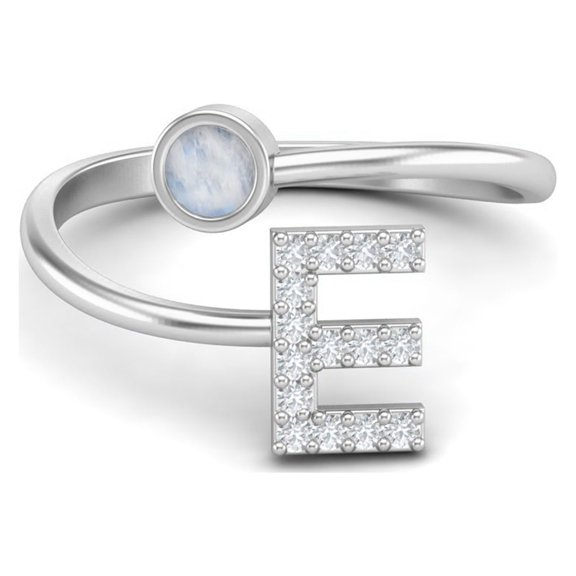 Capital E Initial Letter Moonstone Women Adjustable Front Open Valentines Day Gifts Ring 925 Sterling Silver