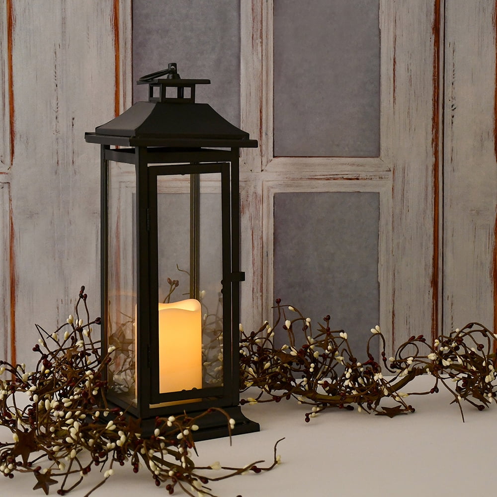 Metal Lantern with Battery-Operated Candle - Black Gem