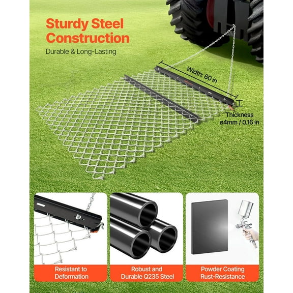 4ft x 5ft Drag Harrow, Chain Link Mat for Lawn Leveling, Soil Aeration, and Debris Removal, Compatible with ATV, UTV, Tractor, and Lawn Tractor
