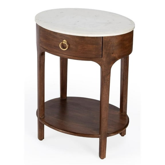 Beaumont Lane Mid-Century White And Brown Marble & Wood Nightstand