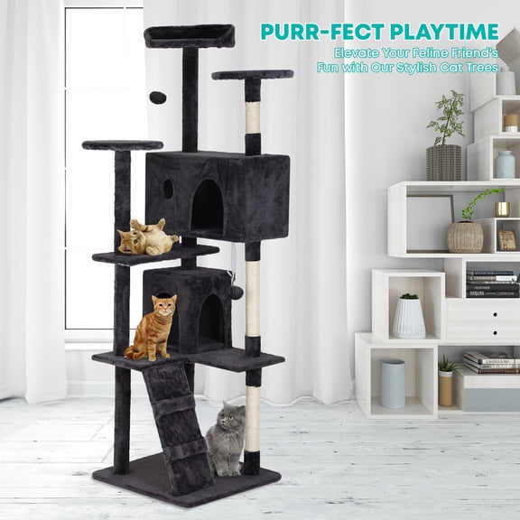 70 Inches Large Multi-Level Cat Tree, Tall Cat Tree with Sisal-Covered Scratching Posts, Condo, Dangling Ball, and Extended Platform for Cats to Play and Sleep, Dark Grey