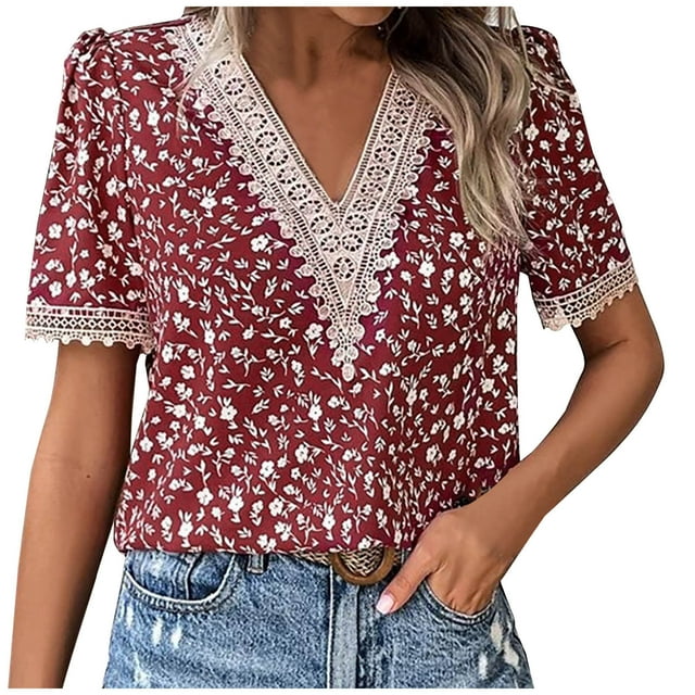 Birdeem Blouses et Chemises Décontractées à Manches Courtes à Col en V pour Femmes, Imprimé Floral, Printemps et Été