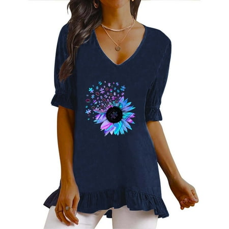 

Summer Cotton Linen Tops for Women Floral Ruffle Short Sleeve V Neck T Shirts Tee Casual Loose Printed Tunic Shirts