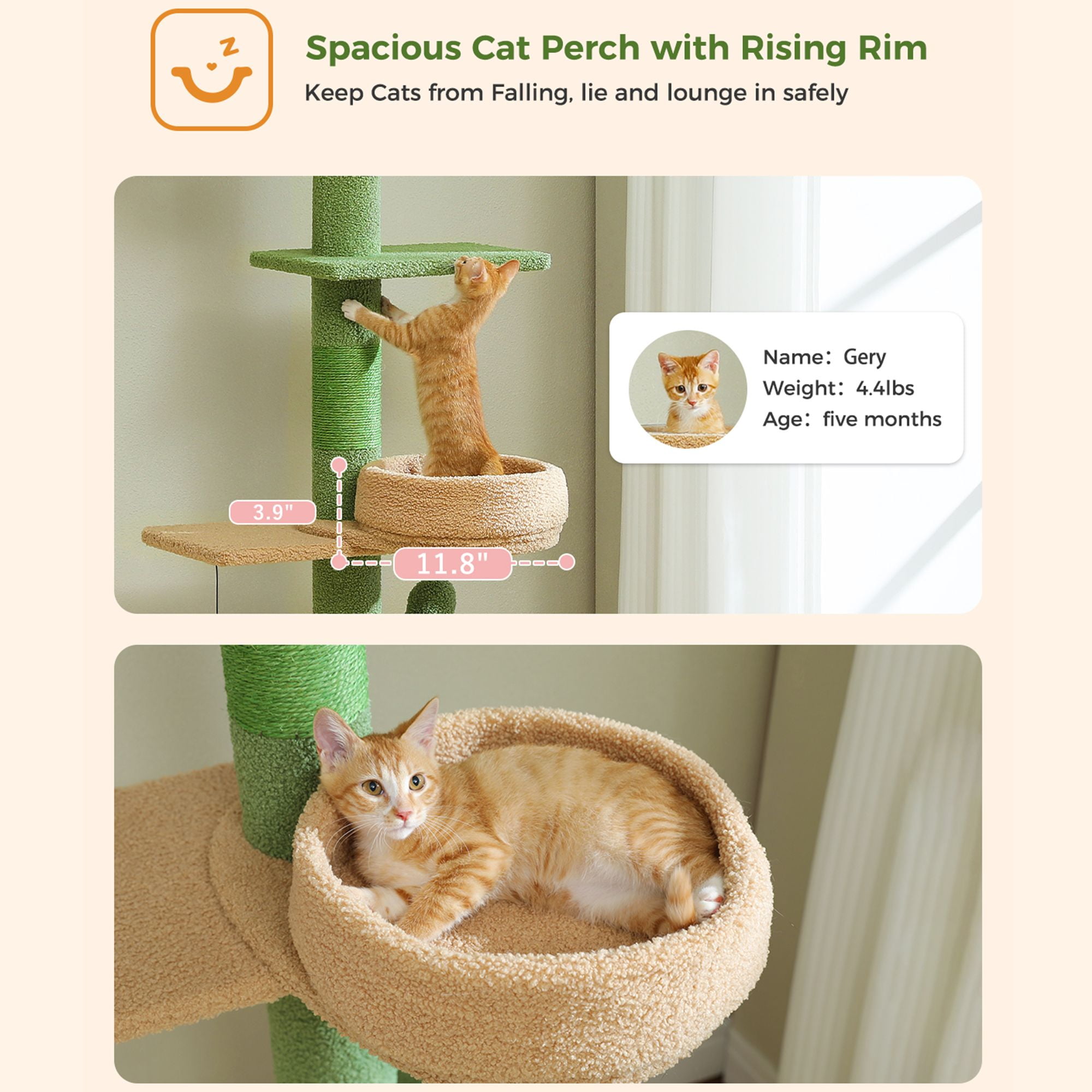 Kadyn (87"-100") Height Adjustable Floor to Ceiling Cat Tree, 5 Levels Cactus Cat Tower with Cat Perch and Hammock, Cat Climbing Activity Center, Green