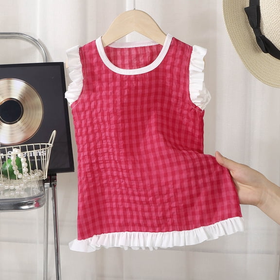 DAETIROS Girls Red Gingham Dress Patriotic 4th of July Sleeveless Ruffle Summer Spring Easter Casual Party Dress for Kids Little Girls 6-12 Months to 11-12 Years,Size 2-3 T