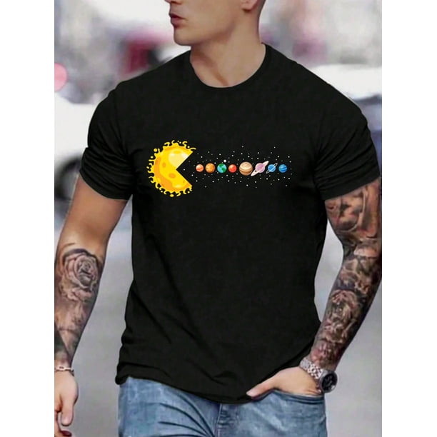 Camiseta informal holgada de manga corta con estampado de planetas y cuello redondo para hombre. Camisetas de manga corta con cuello redondo y estilo informal.