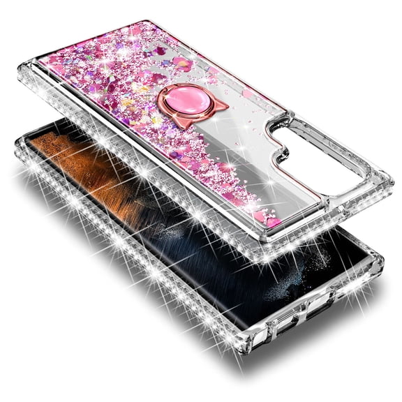 Compatible with Samsung Galaxy S23 Case(6.1 Inch), Girls Women Bling Liquid Floating Glitter Cute Case with Tempered Glass Screen Protector, Ring Holder & Wrist Strap