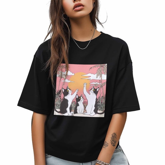 Womens Tshirt Graphic Tees Cotton Crew Neck T-Shirts, Beach Cat Sleeve Shirts for Women Teen Girl Black-XL