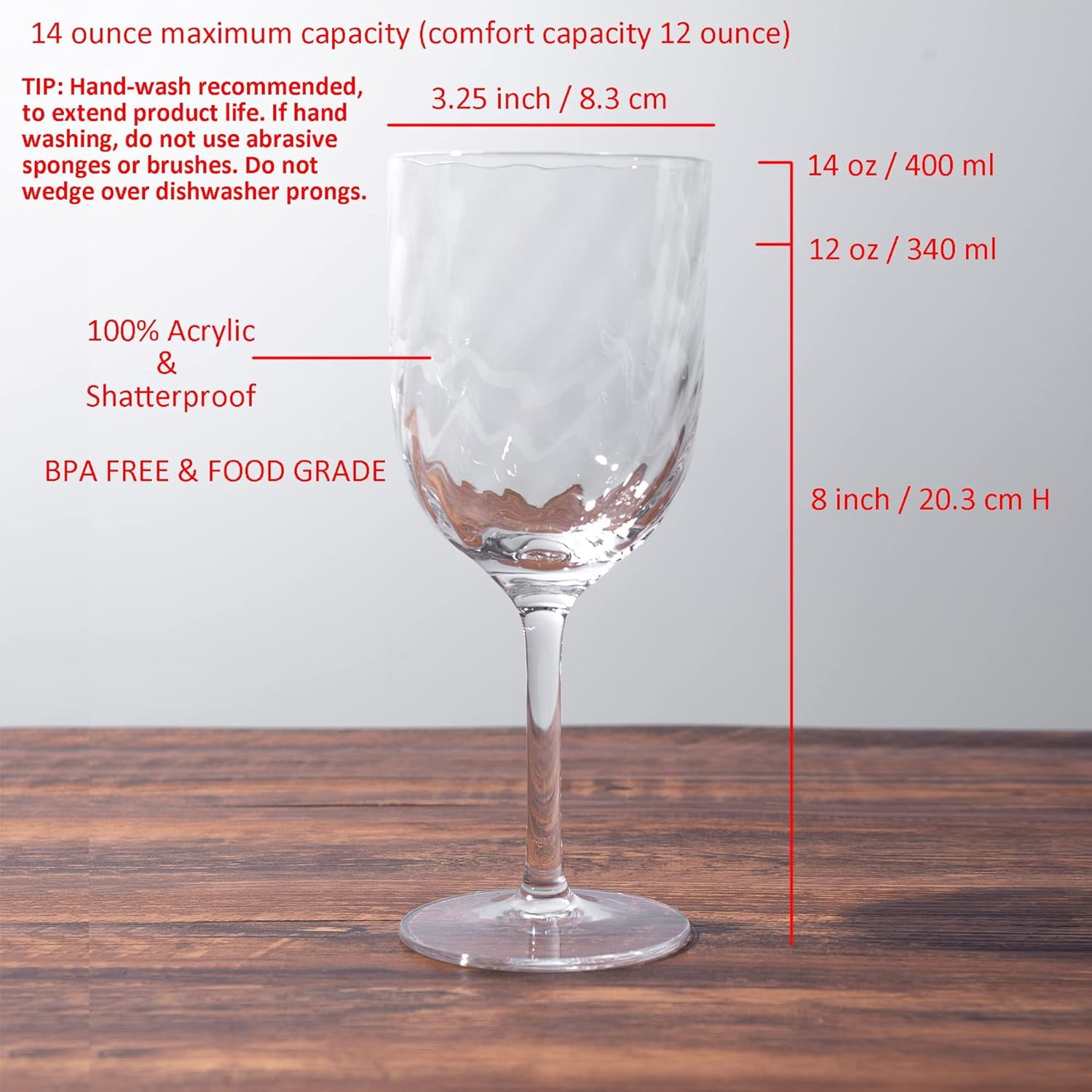 KX-Ware Unbreakable Classic 14 Ounce All-Purpose Plastic Stem Wine Glasses Acrylic Glasses, Set of 6 Clear