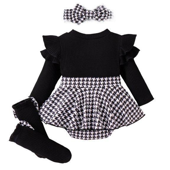Tiijoy Girls Long Sleeve Ribbed Bodysuit with Houndstooth Skirt Socks Headband Outfits, Sizes 9-12 Months