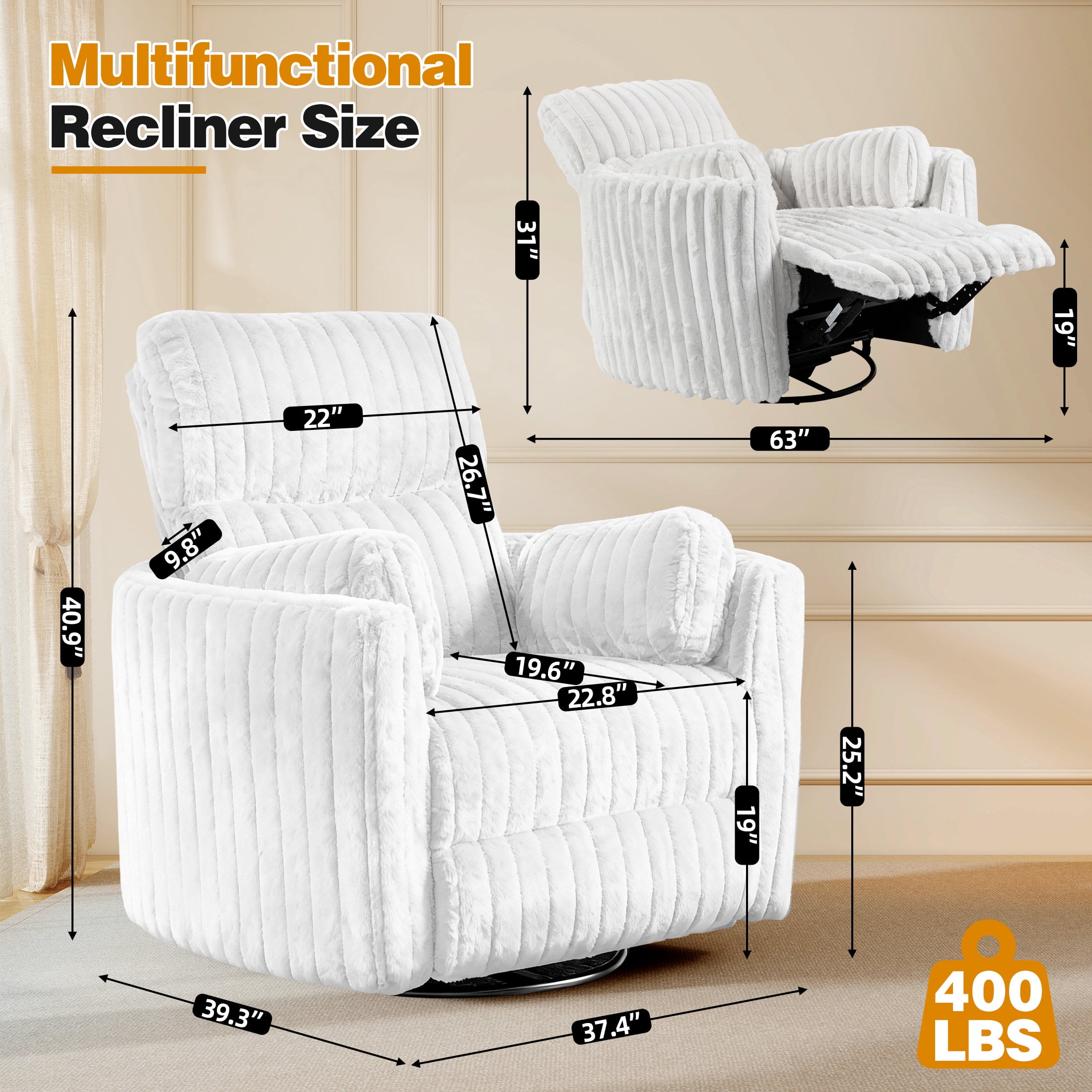 Aukfa Swivel Rocking Glider Power Recliner Chair with 24" Wide Seat & Type-C & USB Ports, White