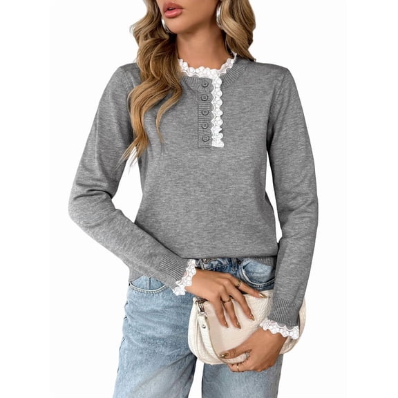 Womens Crew Neck Button Closure Sweaters Pullover Cozy Sweaters Long Sleeve Tops Fall Outfits Gray S
