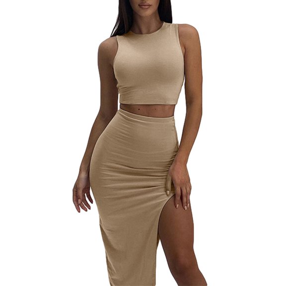 Baby Sweetie Women's Summer Two Piece Dress Set, Wrapped Hip High Slit Long Skirt with Sleeveless Crop Tank Top