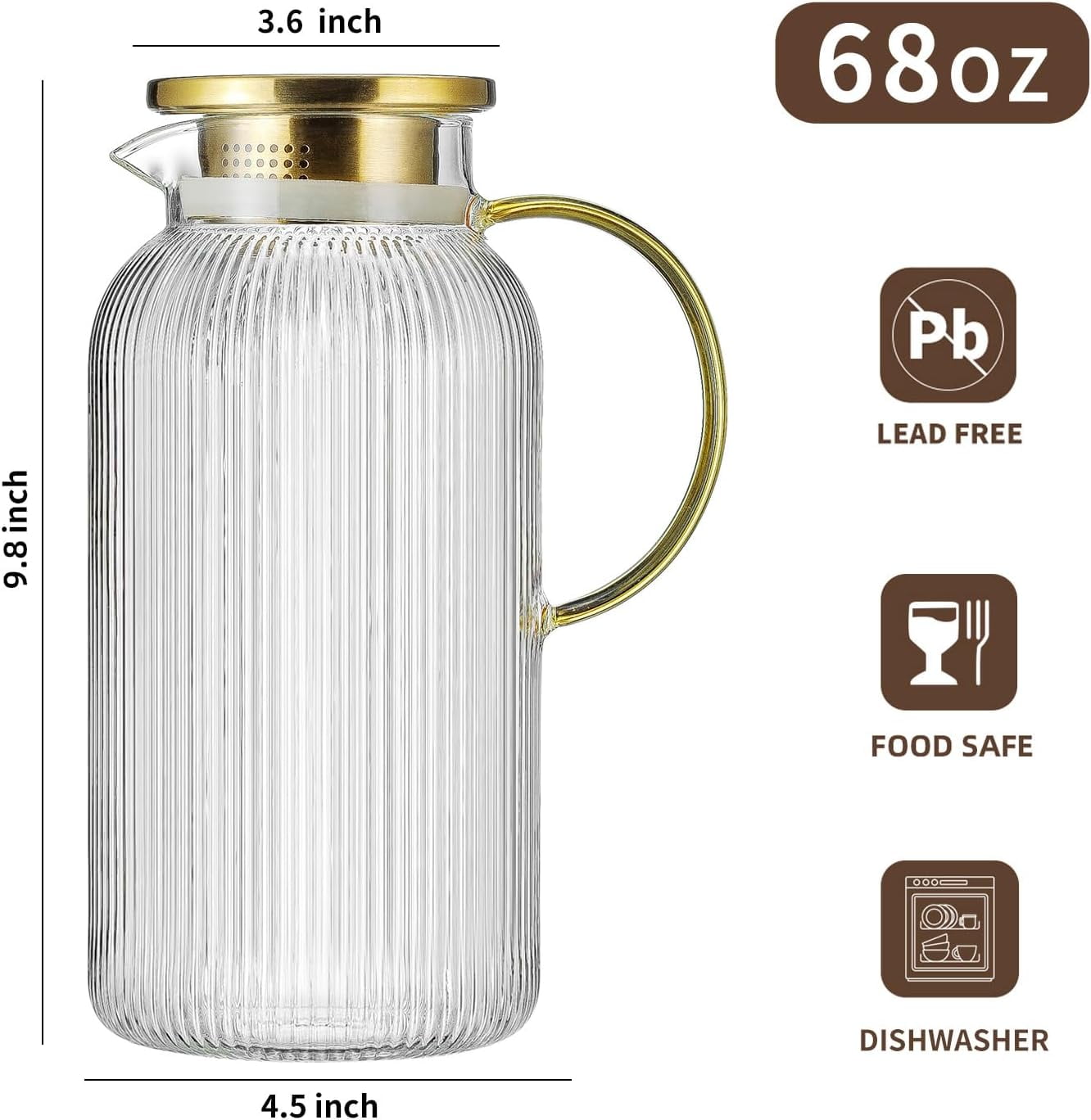 2 Pack Glass Pitcher with Lid, 68 oz/2 Liter Clear Water Pitcher for Cold Brew, Coffee, Lemonade, Heat Resistant