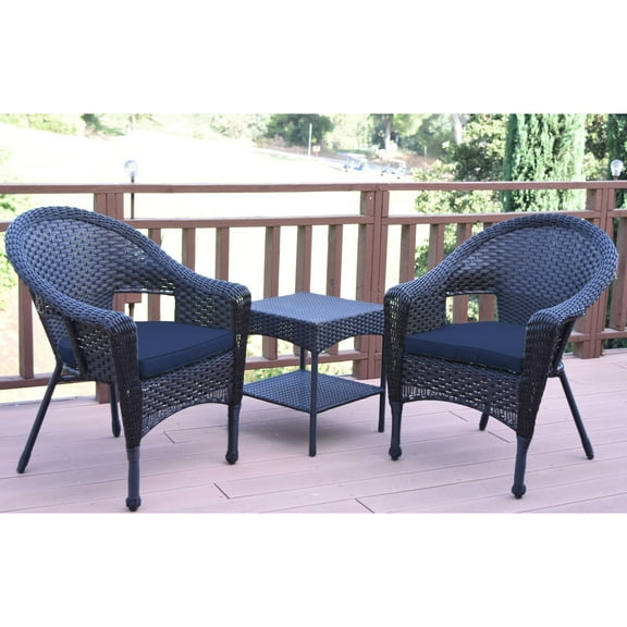 Jeco Set of 3 Espresso Resin Wicker Clark Single Chair with 2 inch Midnight Blue Cushion and End Table