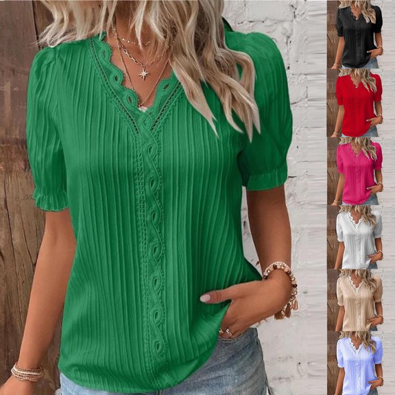 Womens Fashion Lace V Neck Elegant Shirt Short Sleeve Comfortable Soft Plain Blouse