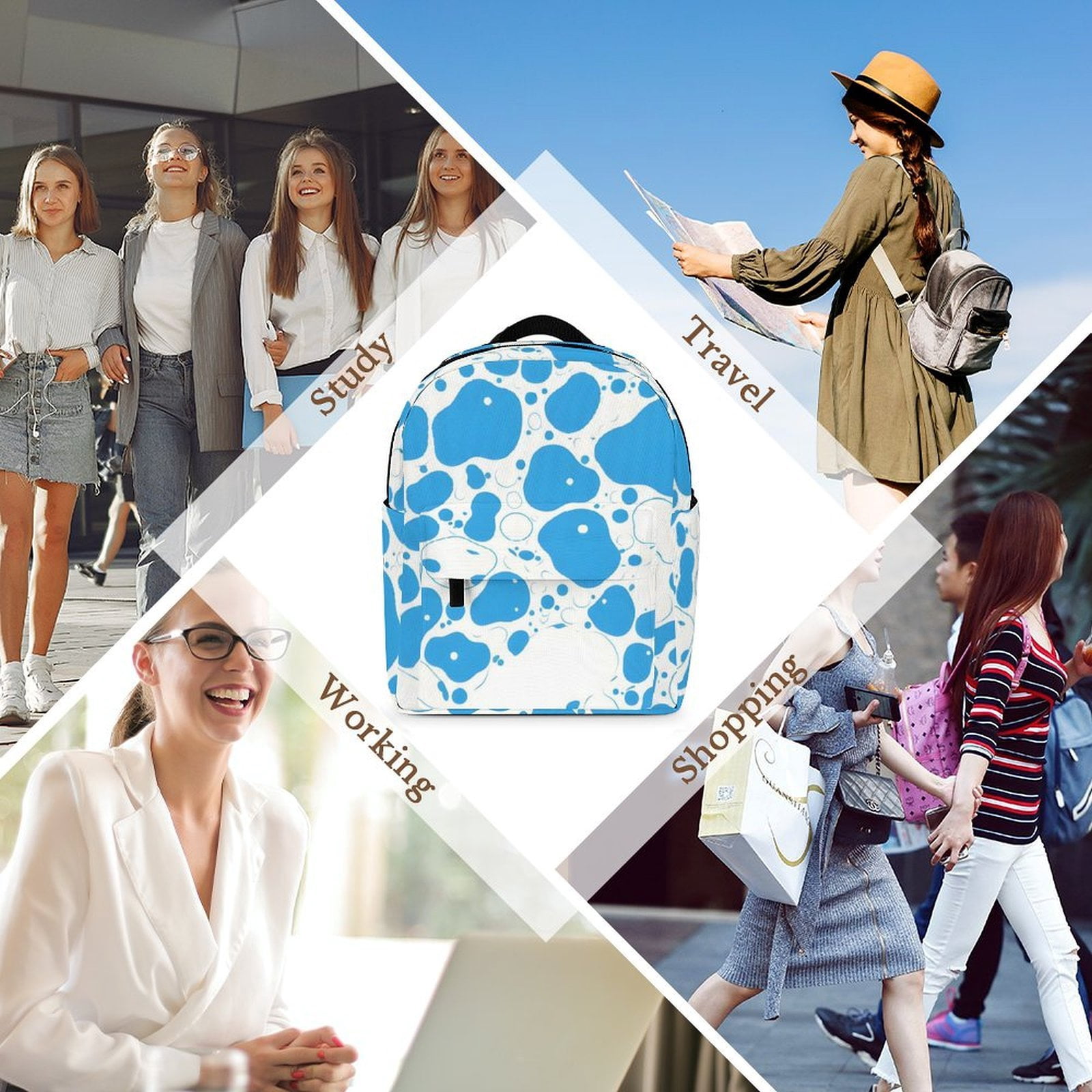 8.1×10in Casual Women'S Backpack With Anti-Contraction And Stretch For Sports Activities Travel Picnics Milk Cow Skin Print Style PowDerBlue_3