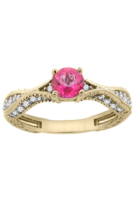 14K Yellow Gold Natural Pink Topaz Round 5mm Engraved Engagement Ring Diamond Accents, size 9