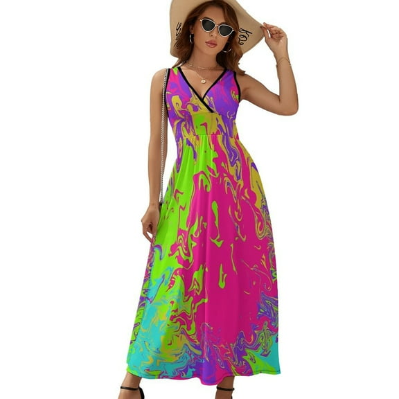 Neon Dress Fashion Boho Beach Long Dresses Female Party Printed Maxi Dress