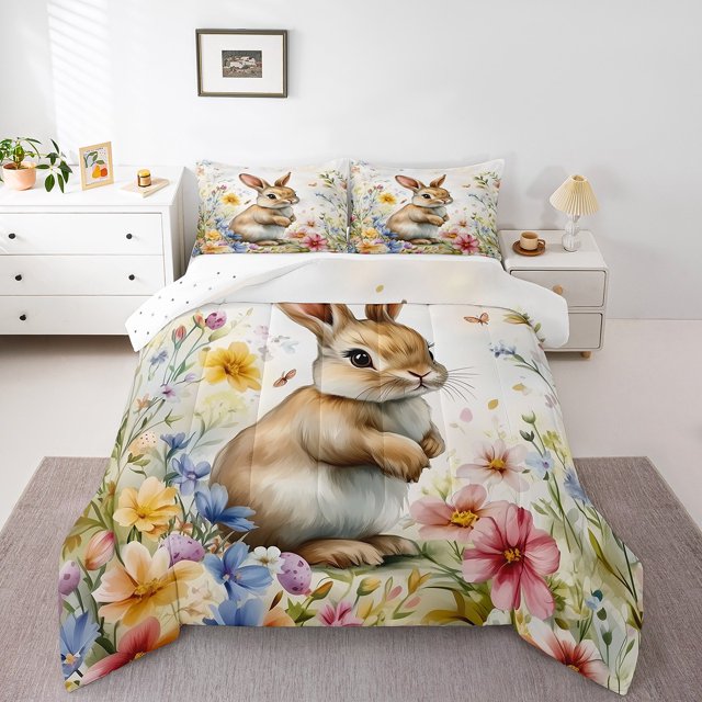 Erosebridal Happy Easter Comforter Sets Twin Size, Rustic Daisy Comforters & Duvets, Kawaii Rabbit Reversible Duvet Insert, Lightweight Bedroom Decorative, 2pcs