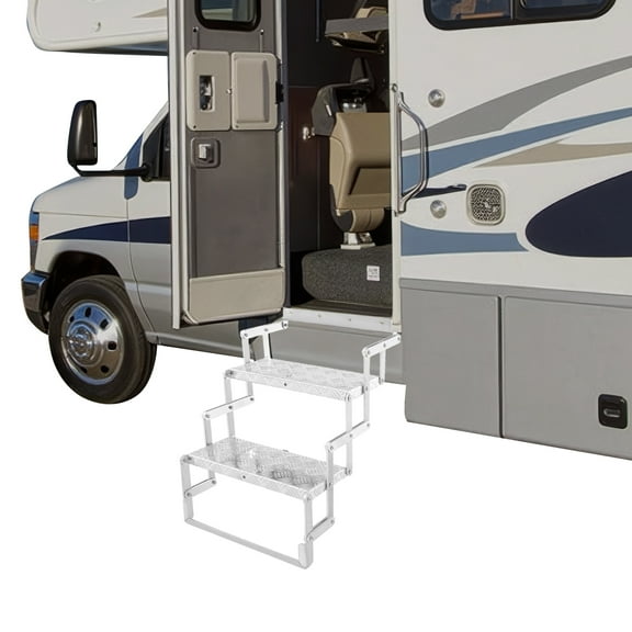 2 Steps 242.5 Lbs Aluminum Alloy Scissor Stairs Silver Foldable Step Ladder for RVs Travel Trailers Truck Campers
