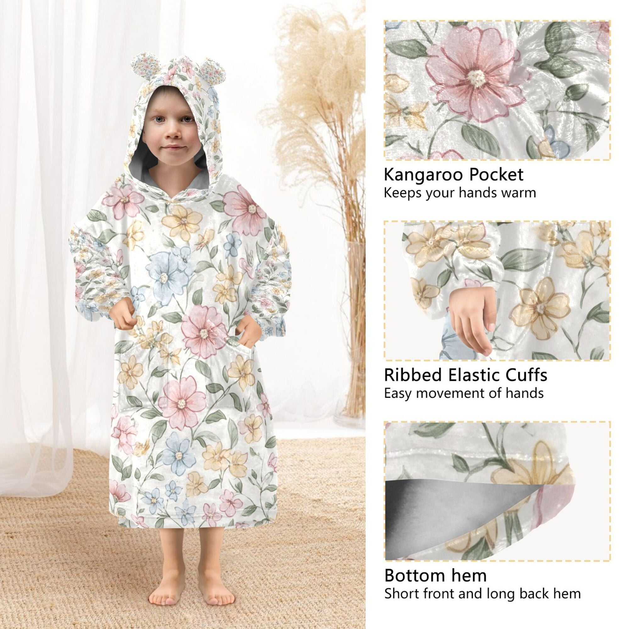 FORMRS Wearable Blanket Hoodie with Sleeves for Kids Cozy Flannel Sweatshirt, Pastel Floral Pattern