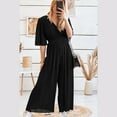 thumbnail image 4 of 3/4 Sleeve Jumpsuit for Women V-Neck Dressy Bodysuit Elastic High Waist Loose Wide Leg Casual Rompers, 4 of 6