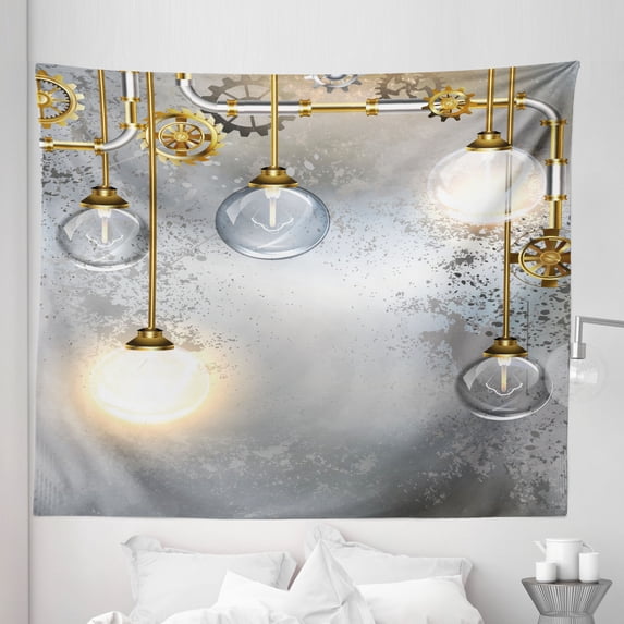 Industrial Tapestry, Steampunk Style Antique Composition Brass Fastening Round Print, Fabric Wall Hanging Decor for Bedroom Living Room Dorm, 5 Sizes, Yellow Grey White, by Ambesonne