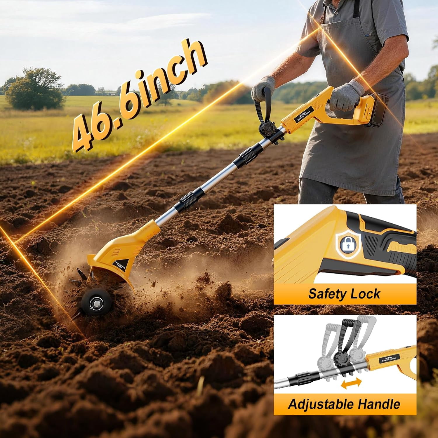 Garden Cordless Tiller Cultivator Compatible with Dewalt 20V Battery: 330RPM 48 Steel Tines - 9.3In Tilling Width and 6.3In Depth Garden Rototiller for Lawn/Soil Cultivation (Tool Only NO Battery)
