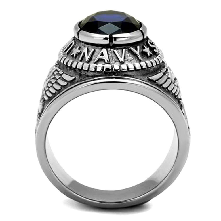 Stainless Steel US Navy USN Military Ring with Blue Stone, Size 13