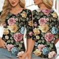 thumbnail image 2 of Women's Summer T-Shirts 3/4 Length Sleeves Floral Print Shirts Casual Ruffle Bells Sleeves Shirts Fashion Classic Front Pleated Slim Blouses Top, 2 of 6