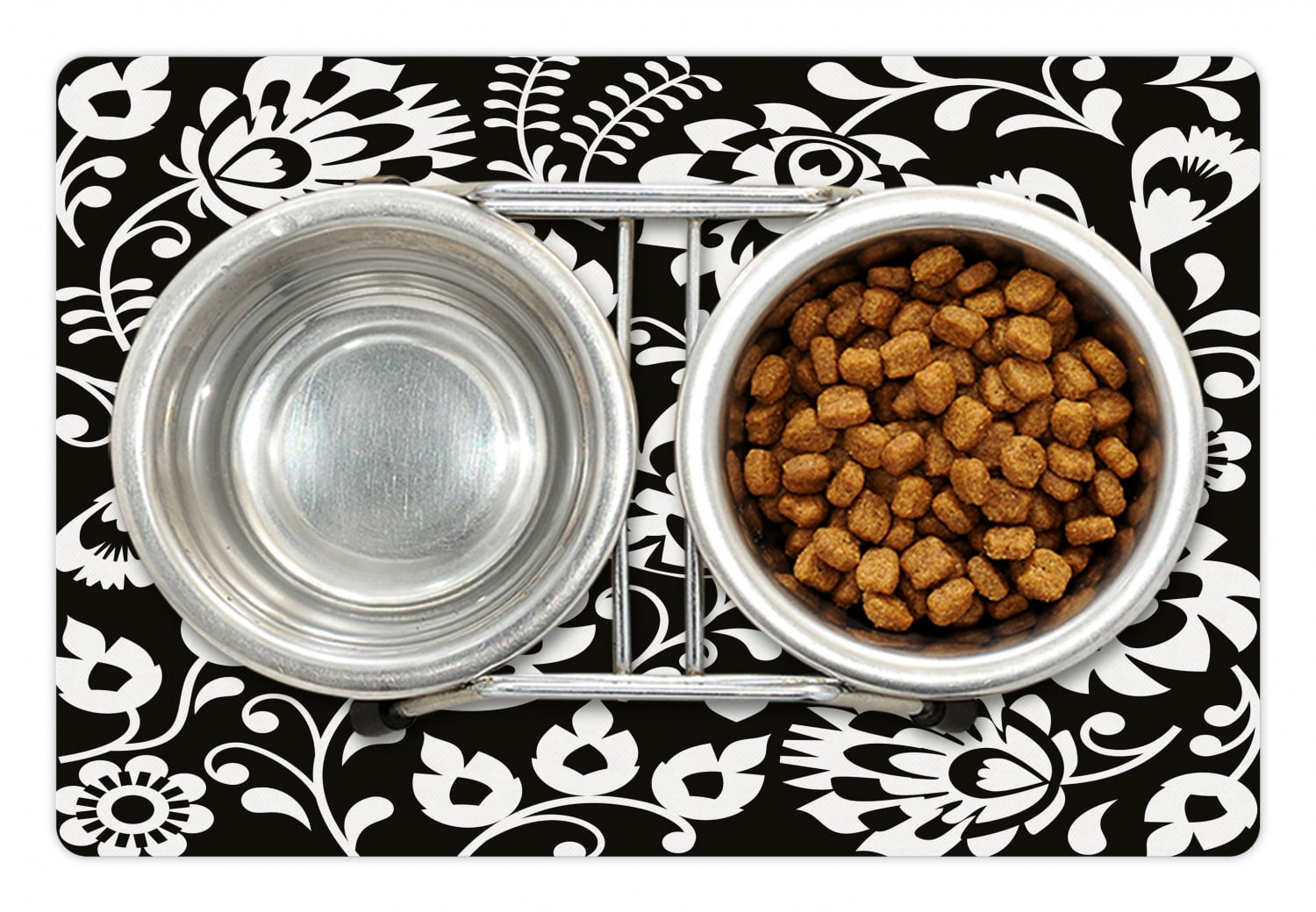 Folk Art Pet Mat for Food and Water, Monochromatic Polish Traditional