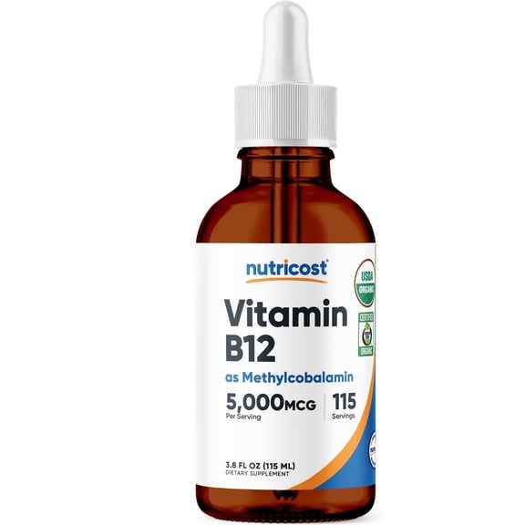 Nutricost Organic Vitamin B12 (Methylcobalamin) Liquid Drops (5,000mcg) 3.8 Fl. Oz - USDA Organic, OTCO Certified, Vegetarian-Friendly, GMO-Free, Gluten-Free, 115 Servings