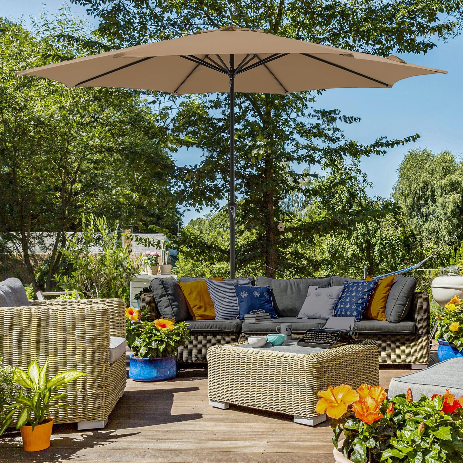 COBANA 11ft Patio Umbrella with Base Included, Large Outdoor Market Umbrella with Stand for Garden, Deck, Backyard, Porch, Beige