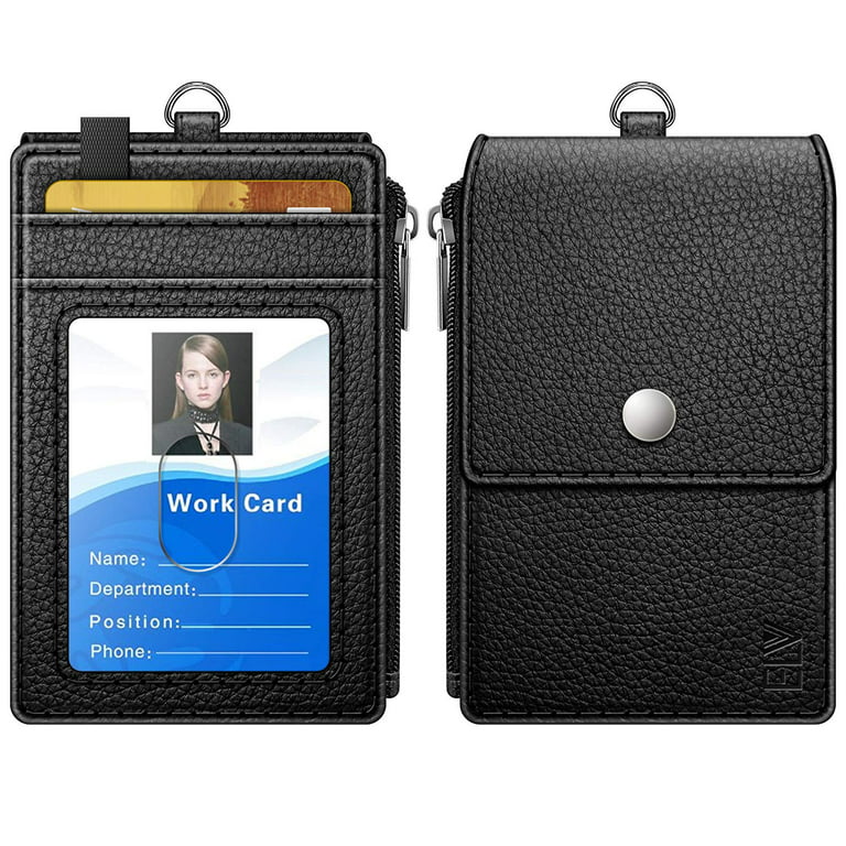 ELV PU Leather ID Badge Card Holder Wallet with 5 Card Slots, 1 Side RFID  Blocking Zipper Pocket and 20 Neck Lanyard [Black] 