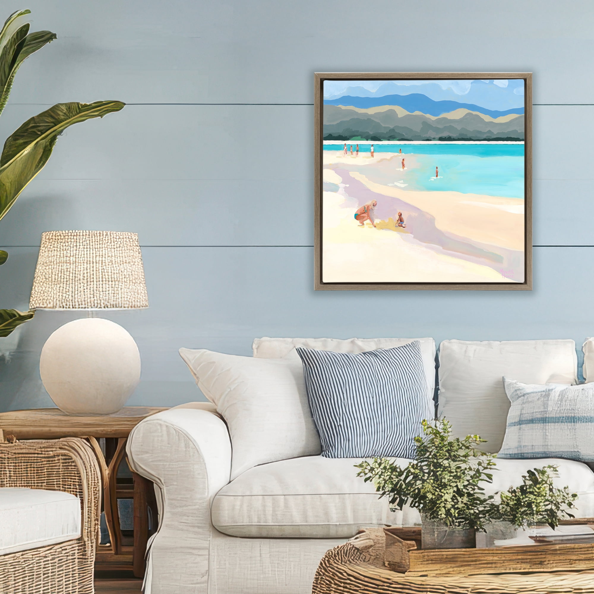 Stupell Industries Mother & Child Beach Scene Brown Framed Floater Canvas Wall Art, design by Meredith Howse