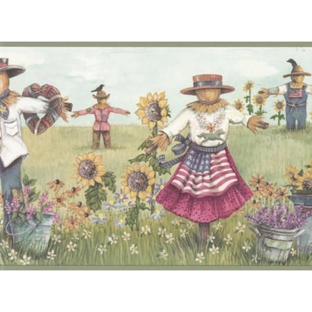 - York Wallcoverings CUP3372 Olive Sunflower Scarecrows Wallpaper Border, White,Yelllow