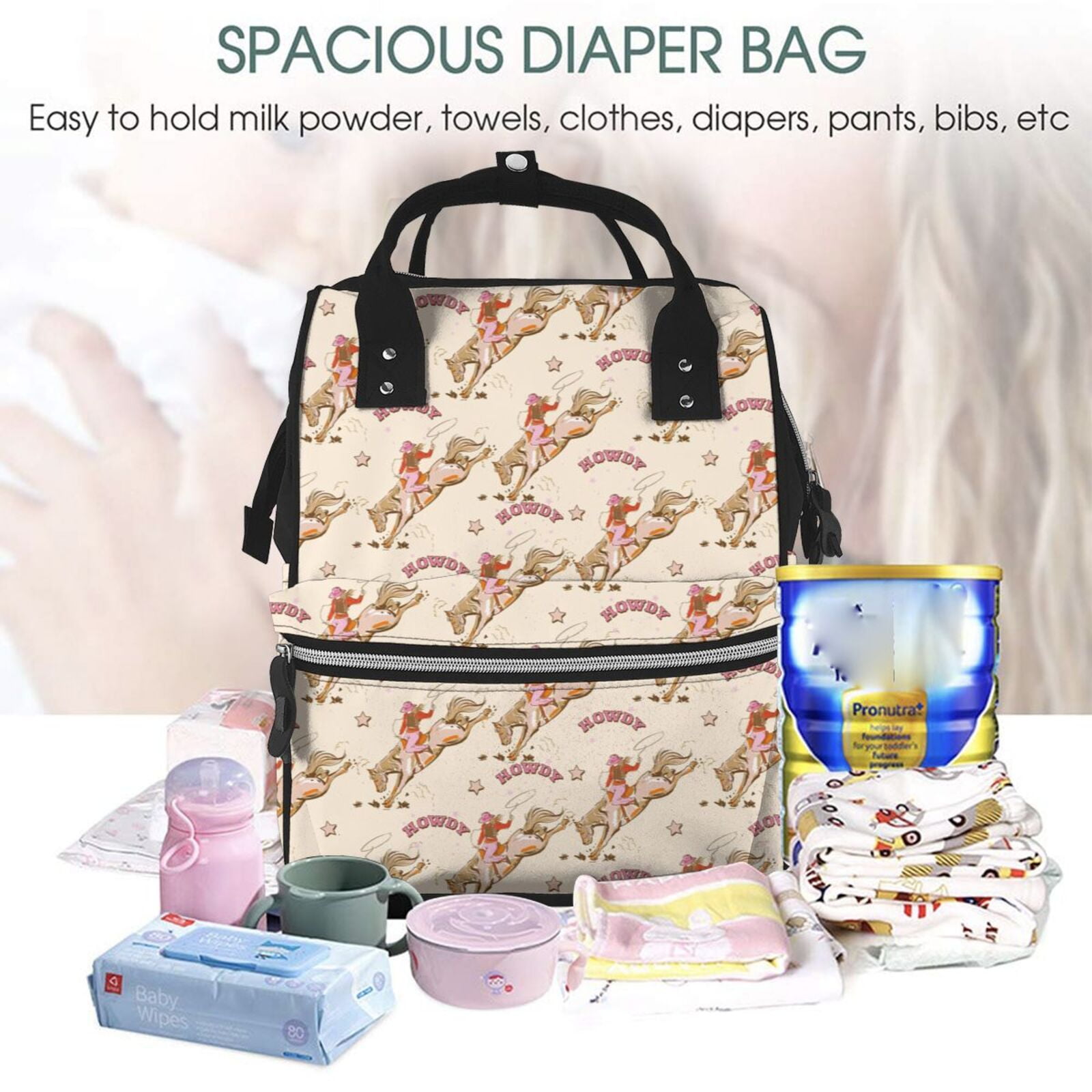 Ratiio Howdy Cowgirl Mummy Backpack - Waterproof Twill Canvas, Large Capacity Diaper Bag with Multiple Pockets and Adjustable Straps