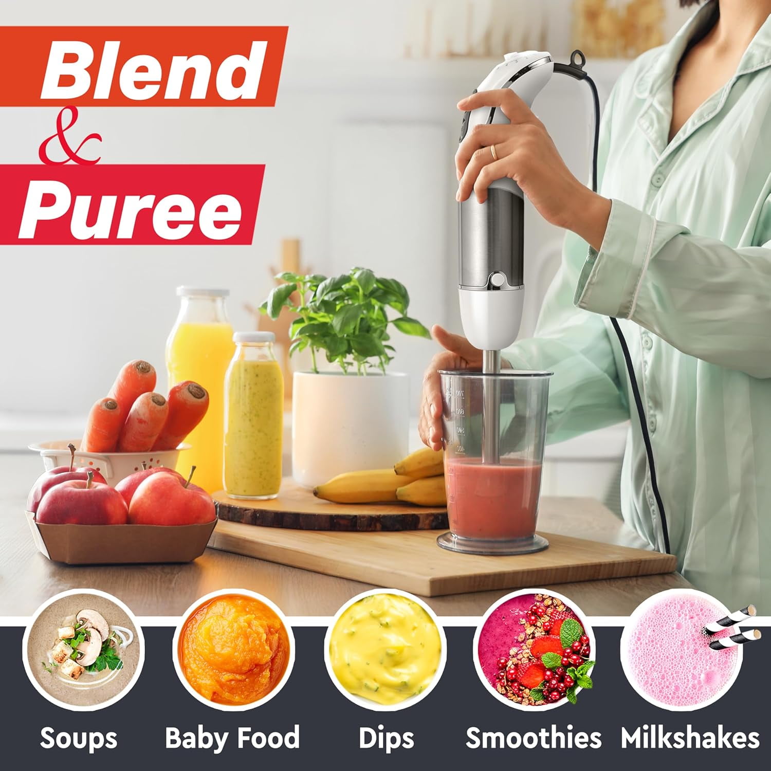 Mueller Multistick 800W 5-in-1 Immersion Blender Handheld, 12 Speed Hand Mixer - Turbo Boost, Heaviest Duty Copper Motor, Titanium Blades Blenders for Kitchen, Milk Frother Wand, Whisk, White
