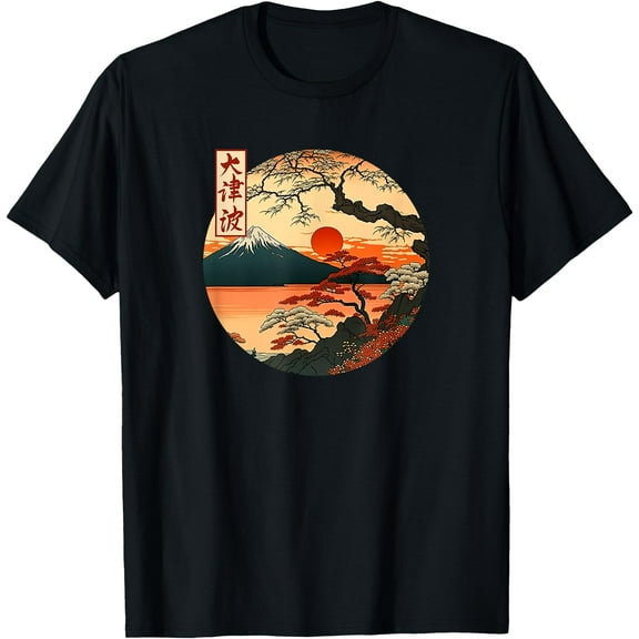 Japanese Red Sunset and mountain Asian Fuji Kanji Japan art Unisex T-Shirt for Men Women Kids Toddler